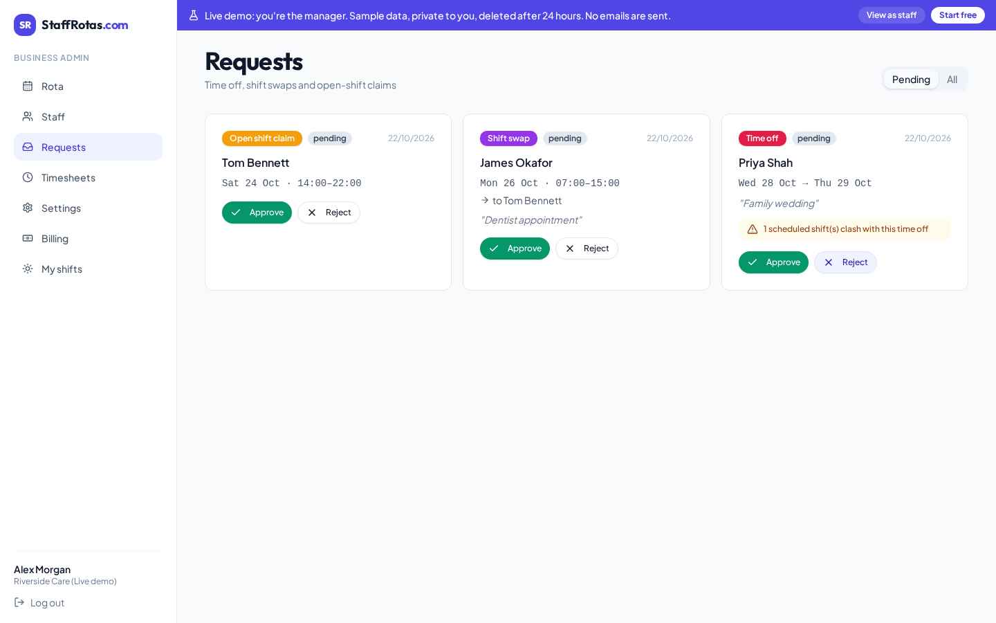 Approve swaps and holidays in one click
